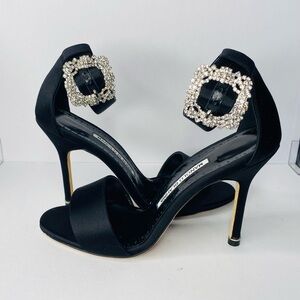 Manolo Blahnik Crystal Buckle Black Satin Open Toe Heels. YOU NEED THESE.